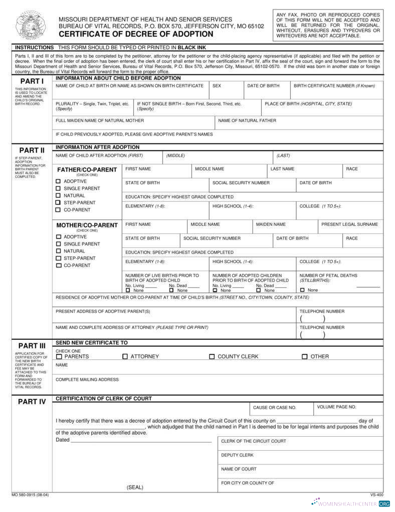 Download USA Missouri Department of health adoption certificate Photoshop template
